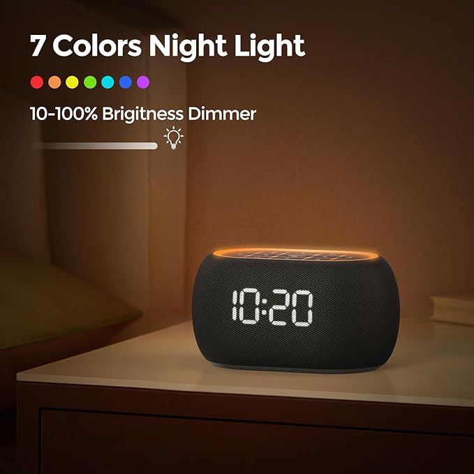 ANJANK Alarm Clock White Noise Sound Machine with Bluetooth Speaker, 21 Soothing Sounds, 7 Night Lights, 0-100% Dimmer/Sleep Timer/Volume Control, Small Design for Kids Adults Sleeping,Bedroom (Black)