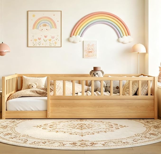 Bellemave Twin Floor Bed with high Fence, Solid Pine Wood Montessori Bed for Kids Girls Boys Floor Bed Frame,Natural with slats