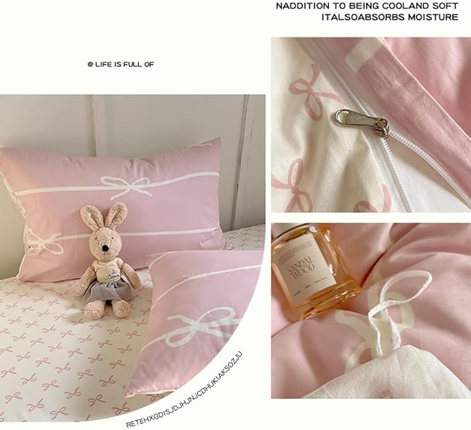 Nayoroom Pink Bow Duvet Cover Queen Size Kids Girls Cute Coquette Bedding Set 3 Pcs Soft Microfiber Reversible White Striped Comforter Cover Gifts for Women