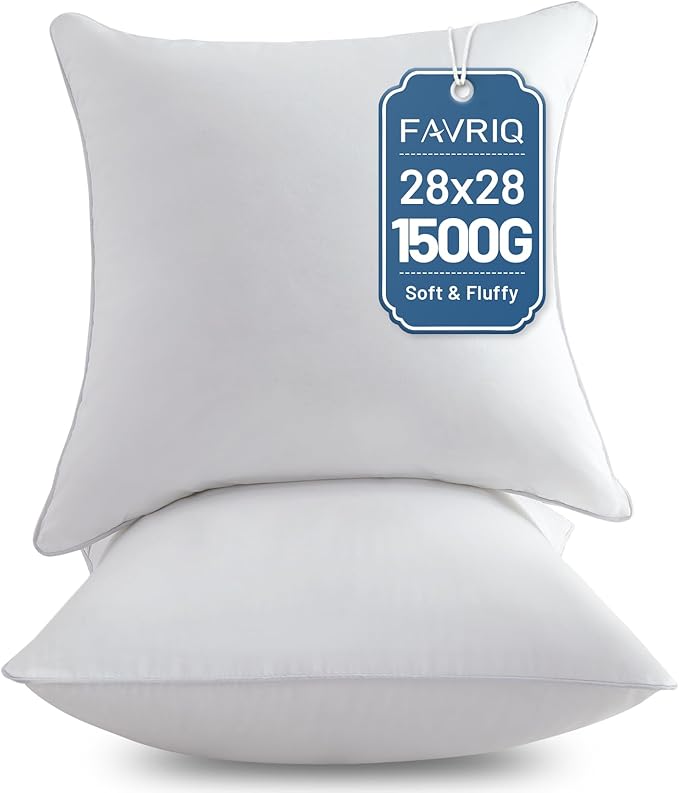 FAVRIQ 28 x 28 Pillow Inserts - Firm and Fluffy Decorative Square Sofa Throw Pillow with 100% Cotton Cover - Down Alternative Pack of 2