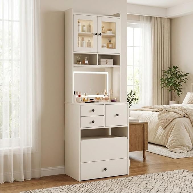 3-in-1 Make Up Vanity Desk with Mirror & Lights, Compact Vanity Table with Drawers, Storage Compartment and Rolling Stool, Modern Small Makeup Vanity and Storage Chair for Bedroom, Powder Room