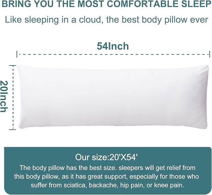 DOWNCOOL Large Body Pillow Insert- Breathable Full Body Pillow for Side Sleeper - Soft Long Bed Pillow for Adults - 20 x 54 inch (White)