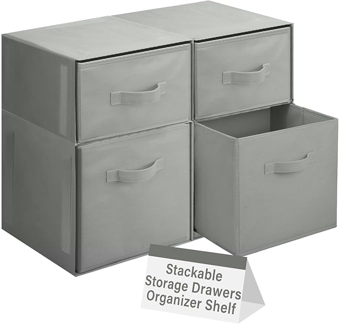 Weysat 4 Cube Stackable Under Dorm Bed Storage Container Foldable Closet Drawer Organizer Fabric Storage Cube Bins for Dorm Essentials College Closet Bedroom Living Room Nursery (Gray,18.5 Inch)