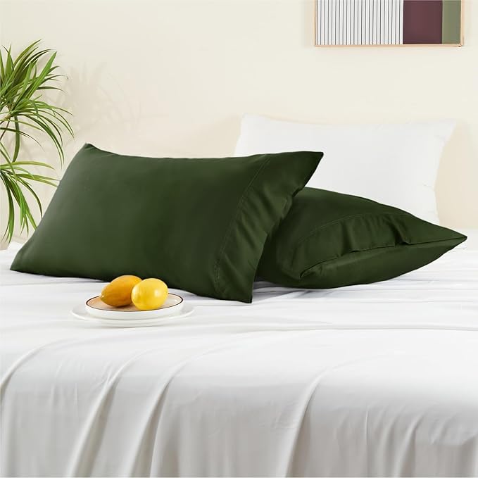BEDELITE Standard Pillow Cases Set of 2, Rayon Derived from Bamboo, Cooling Pillow Cases for Hot Sleepers & Night Sweats, Breathable Silky Soft Envelope Pillowcases(Olive Green, 20"x26")