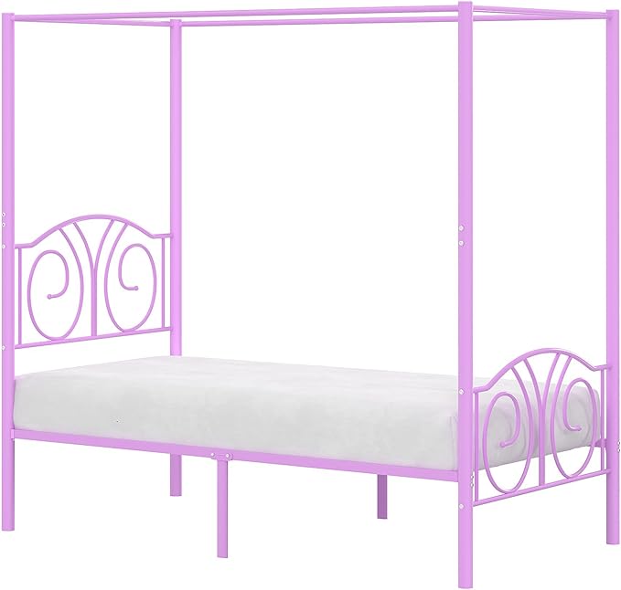VECELO Metal Canopy Bed Frame Twin Size, 4 Posters Platform Mattress Foundation with Headboard, Heavy Duty Steel Slats Support, No Box Spring Needed, Purple