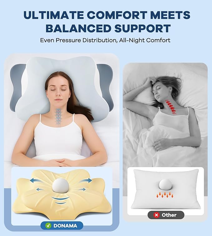 DONAMA Cervical Pillow for Neck and Shoulder, Cooling Contour Memory Foam Pillow for Pain Relief, Ergonomic Neck Support Pillow for Side Back Stomach Sleepers with Removable Pillowcase