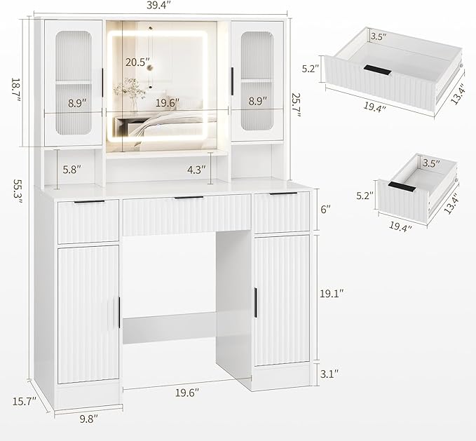 Garvee Vanity Desk with Mirror and Light, Modern Makeup Dressing Table with Adjustable 3 Colors Light, Vanities for Bedroom with 2 Glass Cabinets, 2 Large Cabinets, 3 Drawers & Storage Shelves, White