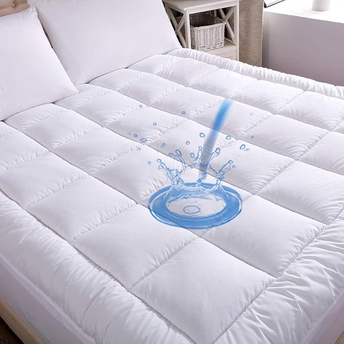 WhatsBedding Waterproof Mattress Pad Twin Size Cotton Top Down Alternative Filling Pillow Top Mattress Topper Cover-Fitted Quilted (Waterproof Twin)