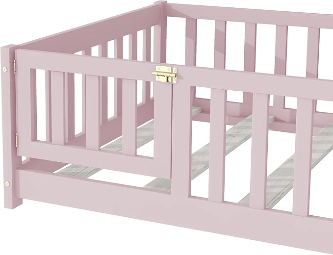 Bellemave Montessori Twin Floor Bed Frame with Fence and Removable Door, Low Profile Twin Size Montessori Bed Frame for Kids, Solid Wooden Floor Beds with Slats for Bedroom,Nursery, Pink
