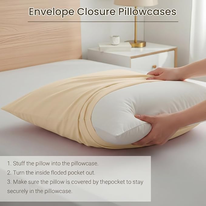 Brushed Microfiber Pillow Cases Standard Size Pillow Case-Envelope Closure Pillowcases Set of 2,Cooling & Moisture Wicking,Wrinkle Resistant Bed Pillowcases 20" X 30"(Queen,Khaki)