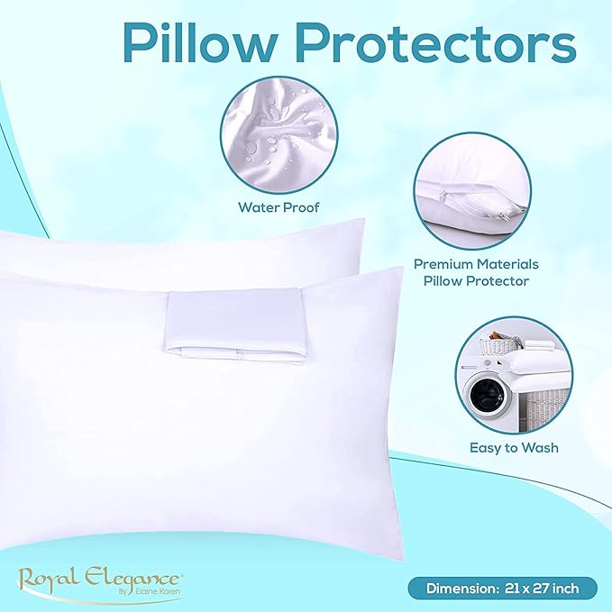 Elaine Karen 4-Pack Vinyl Pillow Protectors - Queen Size Zippered Pillow Covers - 100% Waterproof, Bedbug Proof - Washable and Reusable Pillow Encasement Covers