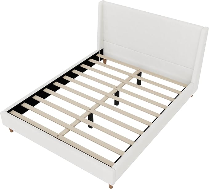 Merax Solid Wood Queen Size Boucle Bed Frame with Wingback Headboard, Modern Upholstered Platform with Walnut Wooden Legs, Strong Wooden Slats, No Box Spring Needed, Easy Assembly, Noise-Free, Ivory