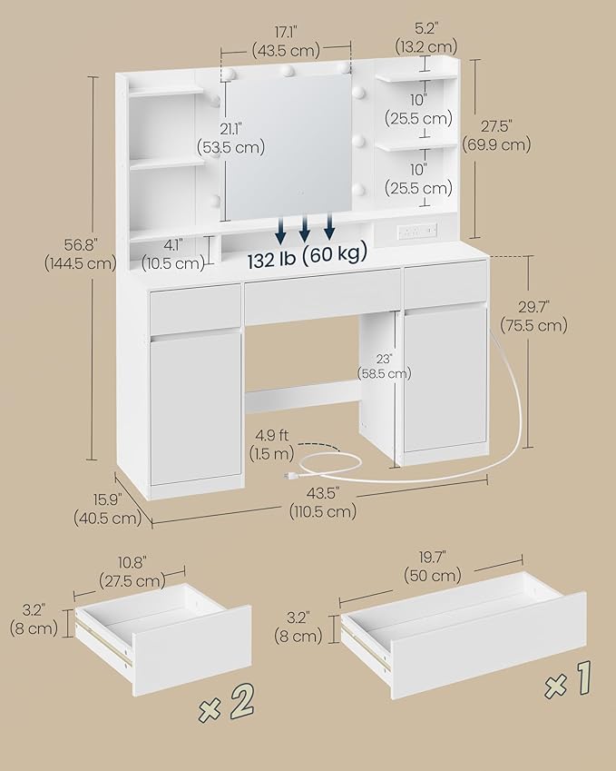 SONGMICS HOME Vanity Desk with Mirror and Lights, Makeup Vanity Table with Power Outlets, Dressing Table with Cabinets and Drawers for Bedroom, White
