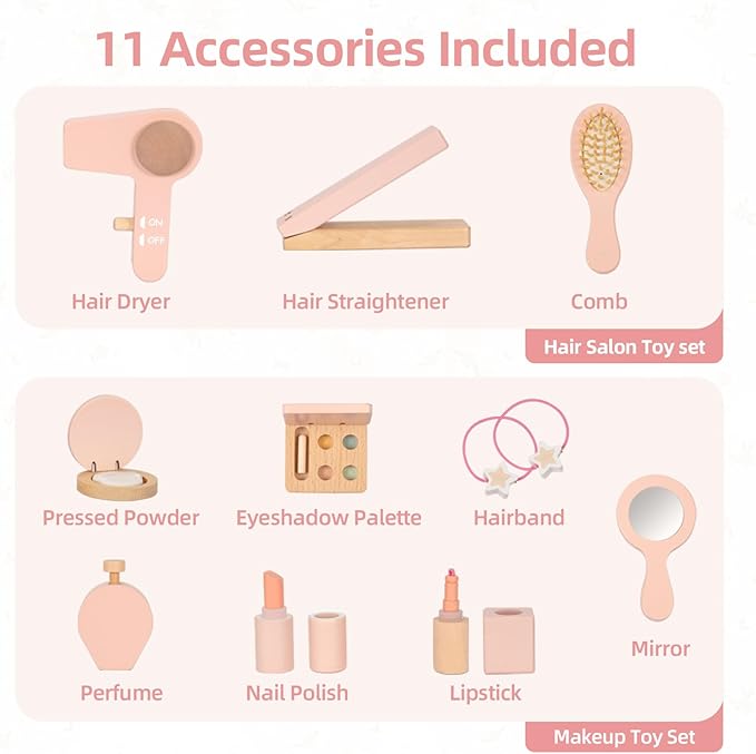 OOOK Kids Vanity Table and Chair Set, Pink Girls Vanity Set with 11 Pcs Accessories, Enough for Real and Pretend Makeup, Toddler Vanity for 3-5 Year Old and Up as Ideal Gift
