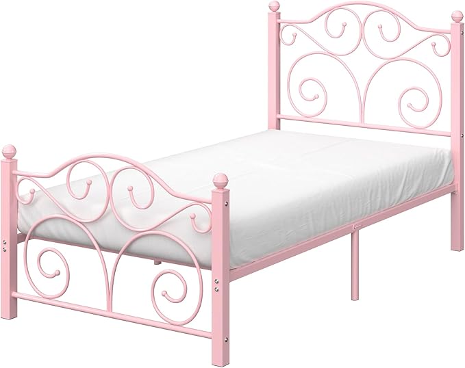 VECELO Twin Size Bed Frame with Headboard and Footboard, Heavy Duty Metal Slat Support, Platform Mattress Foundation, No Box Spring Needed, Easy Assembly, Pink