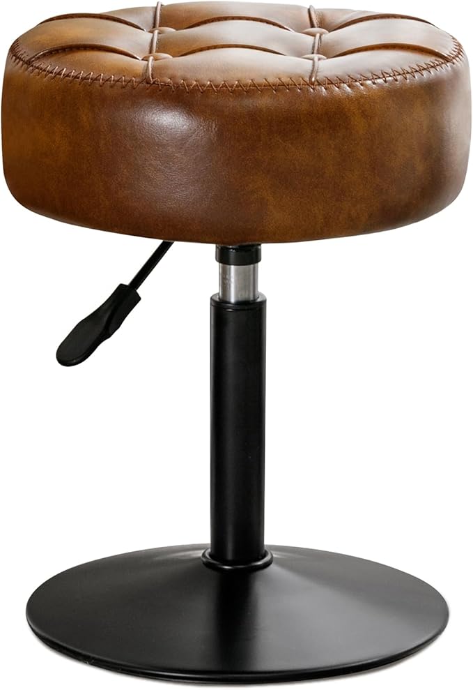 LUE BONA Adjustable Vanity Stool, 360°Swivel Vanity Chair for Makeup Room, Brown Stool Chair for Vanity, Small Faux Leather Vanity Stools for Bathroom, Living Room
