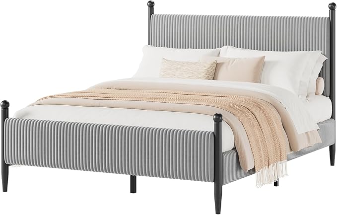Garvee Full Size Upholstered Bed Frame - with Velvet Headboard, Soft Corduroy Fabric Platform with Wooden Slats Support & Heavy Duty Feet, No Box Spring Needed, Noise Free, Easy Assembly, Grey