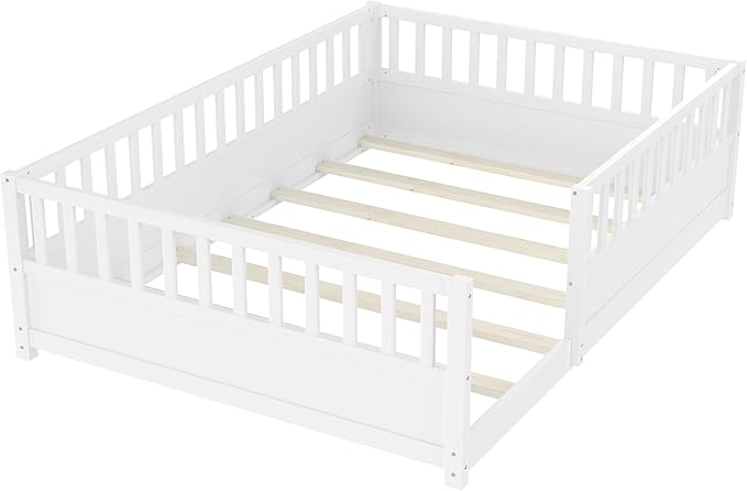 Bellemave Full Floor Bed with high Fence, Solid Pine Wood Montessori Bed for Kids Girls Boys Floor Bed Frame, White with slats