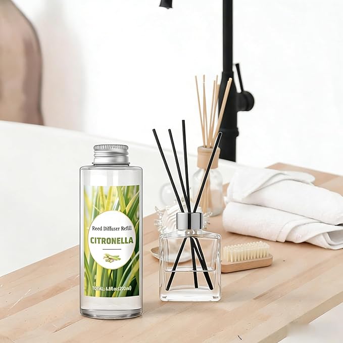 STRN Citronella Reed Diffuser Oil Refill, Citronella Scent 200ML(6.8fl.oz) with 6 Sticks, Air Freshener Long-Lasting Aromatherapy Reed Diffuser Set for Summer Home, Bedroom, Spa, Bathroom