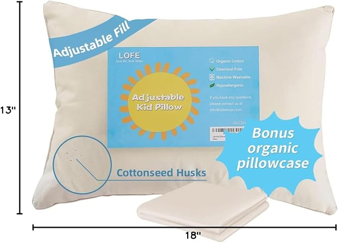 Organic Toddler Pillow with Pillowcase - 13x18 Toddler Pillow with 100% Organic Cotton Shell, Adjustable Loft Organic Kid Plilow, Machine Washable, Soft, Perfect for Kids&Toddler&Children