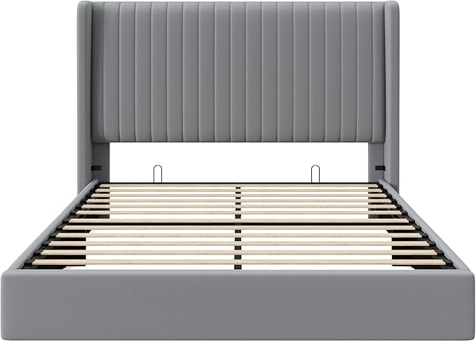Allewie Queen Size Lift Up Storage Bed Frame, Hydraulic Support System, Upholstered Platform Bed Frame, Underneath Storage, Vertical Channel Tufted Headboard with Wingback, No Box Spring Needed, Grey