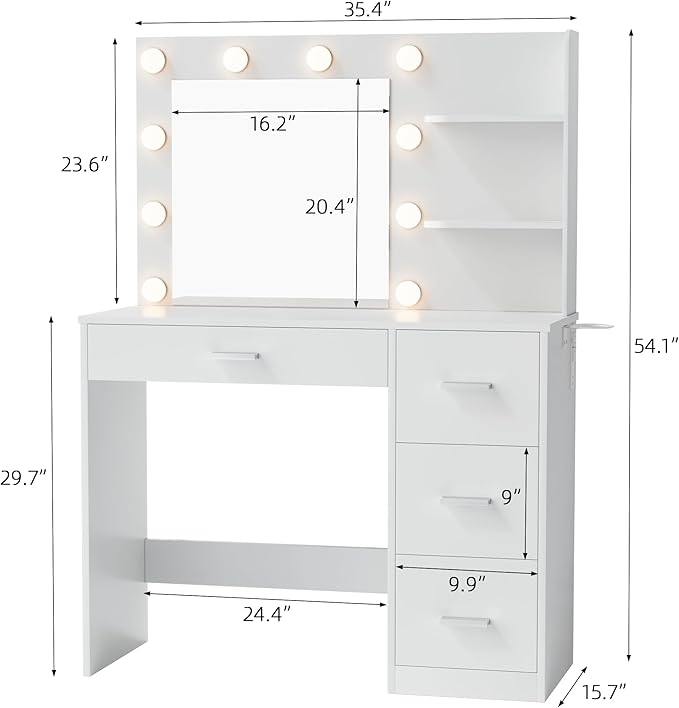 YESHOMY Vanity Desk with Mirror, 10 Lights, Power Outlet and 3 Storage Shelves, Makeup Table with 4 Drawers, 3 Color Modes, for Bedroom, White