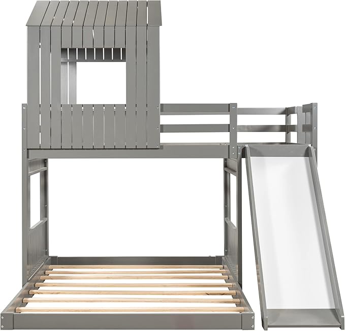 Harper & Bright Designs Twin Over Full House Bunk Bed with Slide, Solid Wood Floor Bed with Ladder, Windows & Roof, Fun Cottage Beds for Kids Teens Girls Boys – Gray
