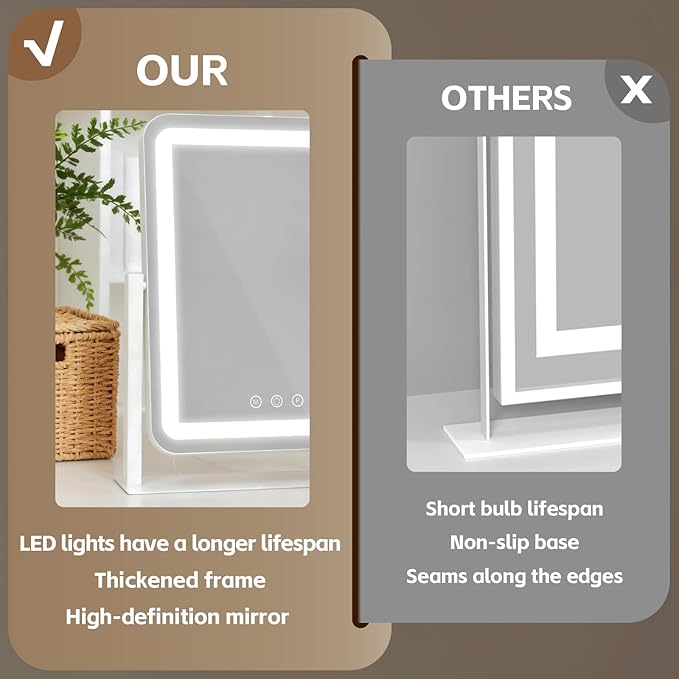 ROLOVE Vanity Mirror with Lights 13x16 Inch, Smart Touch Control, 3 Color Lighting Modes, Table Top Mirror with Stand for Bedroom