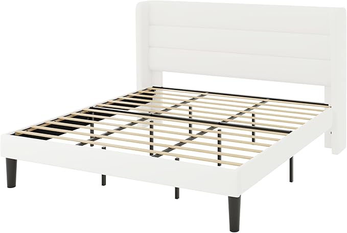 Allewie King Size Platform Bed Frame with Velvet Upholstered Wingback Headboard, No Box Spring Needed, Under Bed Storage Space, Strong Wooden Slats, Modern Mattress Foundation, Easy Assembly, White