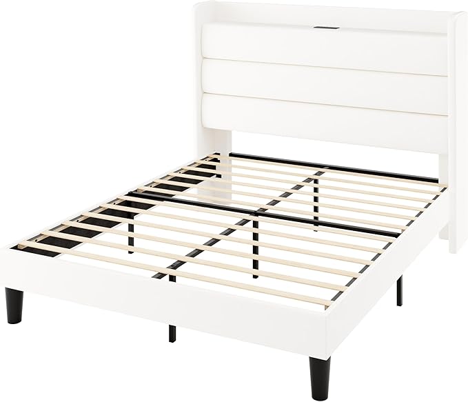Allewie Full Size Upholstered Bed Frame with Charging Station & Storage Headboard, Soft Velvet Wingback Platform Bed, Strong Wooden Slats Support, No Box Spring Needed, Easy Assembly, White
