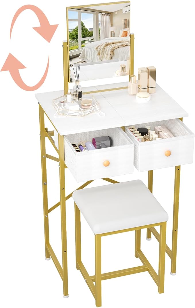 X-cosrack Small Makeup Vanity Desk with Mirror & Chair, Mini Vanity Desk Table Set with Fabric Storage Drawer, 19.7" Compact Vanity Desk for Girls, Dressing Table with Chair for Bedroom, White Golden
