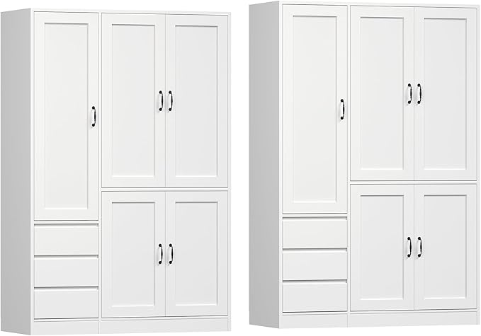 RALGEND Armoire Wardrobe Closet Set of 2, with 3 Drawers and 5 Doors, Wardrobe Cabinet for Bedroom, 70.9" Bedroom Armoire with Hanging Rod, Large Capacity Storage Wardrobe Armoire, White