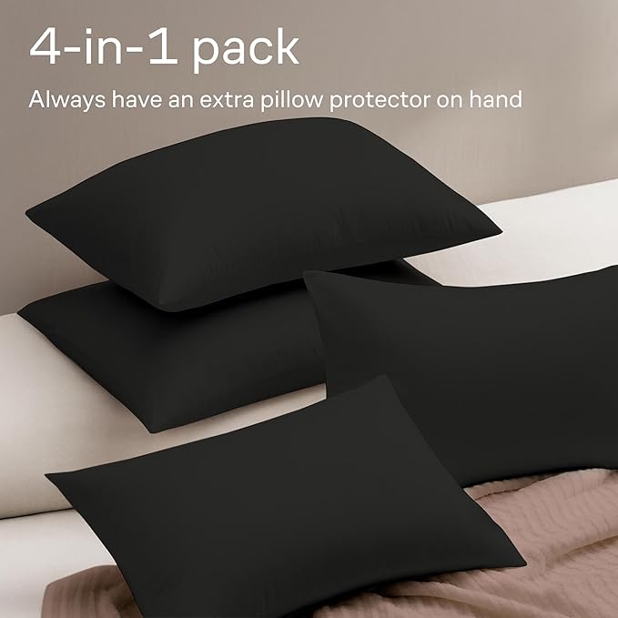Ultra Soft Pillow Protectors with Zipper Standard Size - Set of 4 Breathable Pillow Covers - 100% Protection Against Stains, Dust & Dirt - Machine Washable (Black)