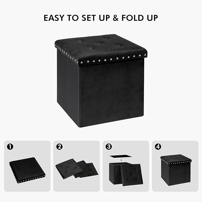 PINPLUS Black Folding Storage Ottoman Cube, Small Velvet Tuffed Foot Rest Stool with Rivet Design, Padded Seat for Living Room, Shoes Box Chest for Bedroom Vanity Area, 15.7inches