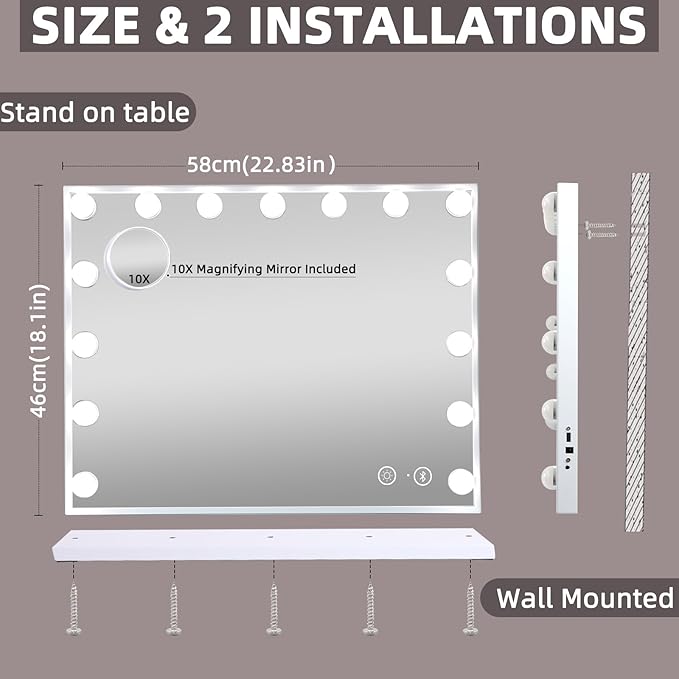Hansong Vanity Mirror with Lights and Bluetooth Speaker 22.8''x18.4'' Lighted Makeup Mirror with 15 LED Bulbs Hollywood Vanity Mirror with 3 Lighting Modes USB Charging and 10x Magnification