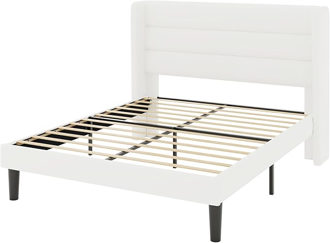 Allewie Full Size Platform Bed Frame with Velvet Upholstered Wingback Headboard, No Box Spring Needed, Under Bed Storage Space, Strong Wooden Slats, Modern Mattress Foundation, Easy Assembly, White