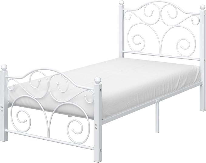 VECELO Twin Size Bed Frame with Headboard and Footboard, Heavy Duty Metal Slat Support, Platform Mattress Foundation, No Box Spring Needed, Easy Assembly, White