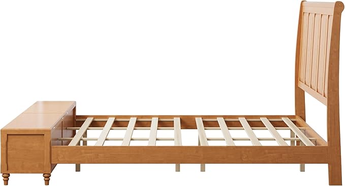 KEIKI King Size Bed Frame with Storage Bench, Solid Wood Sleigh Bed with High Headboard and 64" Storage Chest, Rubberwood Platform Bed, No Box Spring Required, Natural