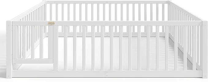 Bellemave Queen Size Montessori Floor Bed with 23.5" High Rails, Pine,Plywood Floor Bed with Small Door, White