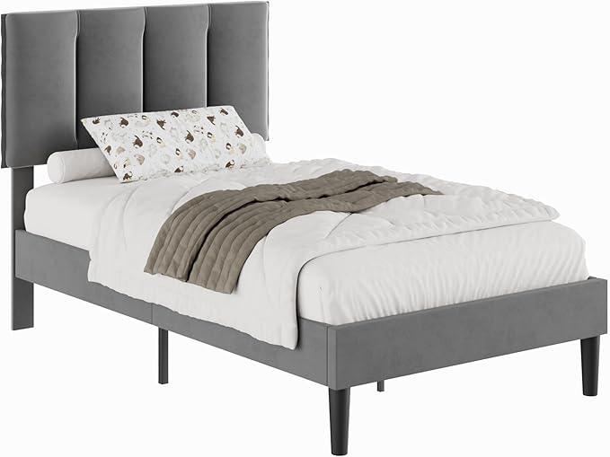 VECELO Twin Size Bed Frame with Upholstered Headboard, Heavy-Duty Bedframe with Wooden Slats & Steel Framework, Easy Assembly, Dark Grey