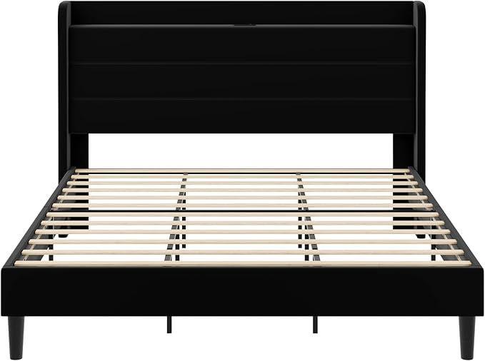 SHA CERLIN King Size Bed Frame with Charging Station, Velvet Upholstered Platform Bed, Wingback Storage Headboard, Type-C & USB Ports, Strong Wooden Slats, No Box Spring Needed, Easy Assembly, Black