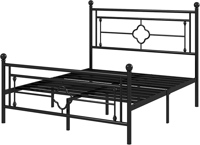 Allewie Queen Size Metal Platform Bed Frame with Victorian Vintage Headboard and Footboard/Mattress Foundation/Under Bed Storage/No Box Spring Needed/Noise-Free/Easy Assembly, Black