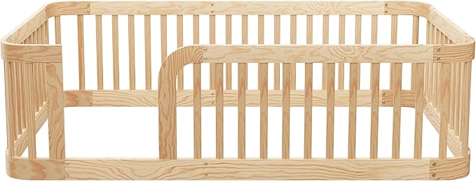 Bellemave Twin Floor Bed with High Fence and Rounded Corner Design, Twin Size Montessori Bed with Safety Guardrails, Easy Assemble Montessori Beds Frame for Girls, Boys, Natural