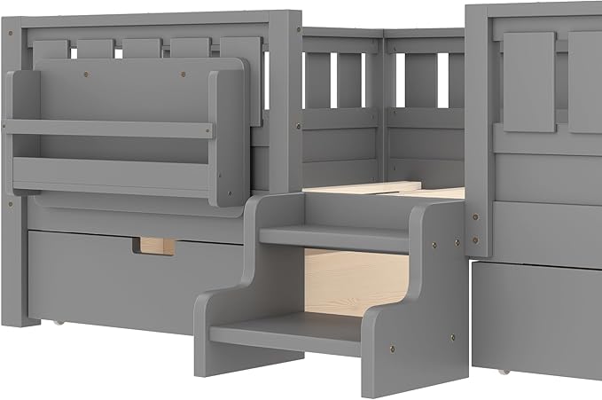 Bellemave Full Size Bed Frame with Storage Drawers & Bookshelf, Low Profile Kids Bed with Staircase & Full Length Guardrails, Solid Wood Full Size Bed Frame Kids with Slats Load 450 LBS, Grey