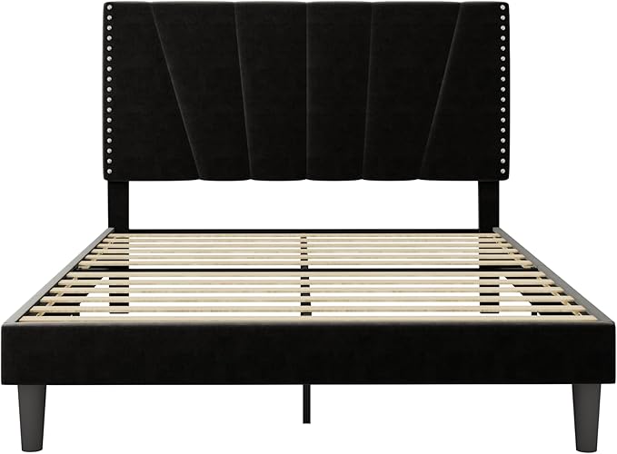 Allewie Full Size Bed Frame with Adjustable Velvet Upholstered Headboard, Rivet-Style Nailhead Trim Detail Platform Bed Frame, Wooden Slat Support, No Box Spring Needed, Easy Assembly, Black