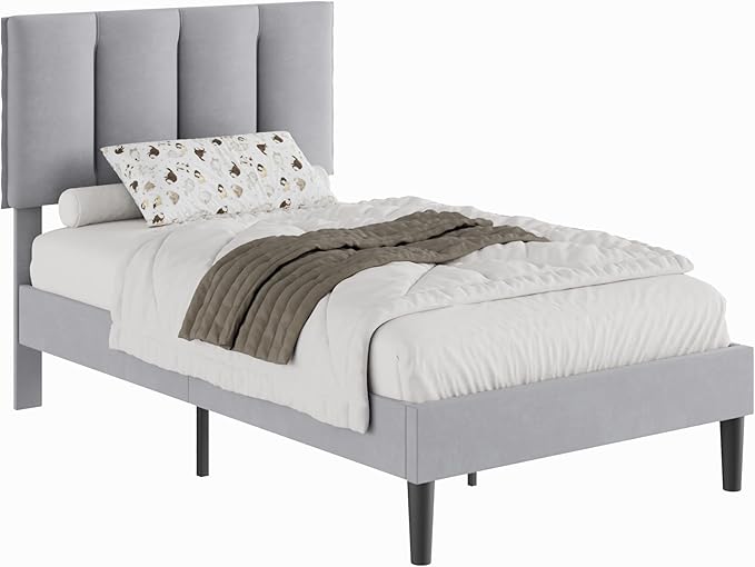 VECELO Twin Size Bed Frame with Upholstered Headboard, Heavy-Duty Bedframe with Wooden Slats & Steel Framework, Easy Assembly, Light Grey