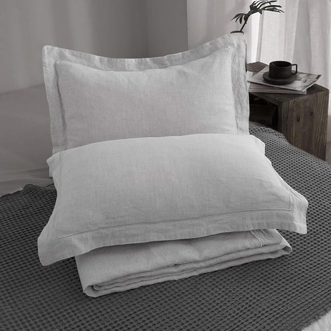 Simple&Opulence 100% French Flax Linen Duvet Cover Set with Embroidery Washed - 3 Pieces (1 Duvet Cover with 2 Pillow Shams) with Button Closure Soft Breathable Farmhouse - Light Grey, King Size