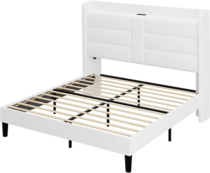Allewie Full Size Platform Bed Frame with Charging Station & Storage Headboard, Upholstered Velvet Wingback Design & USB Port, Strong Wooden Slats Support, No Box Spring Needed, Easy Assembly, White