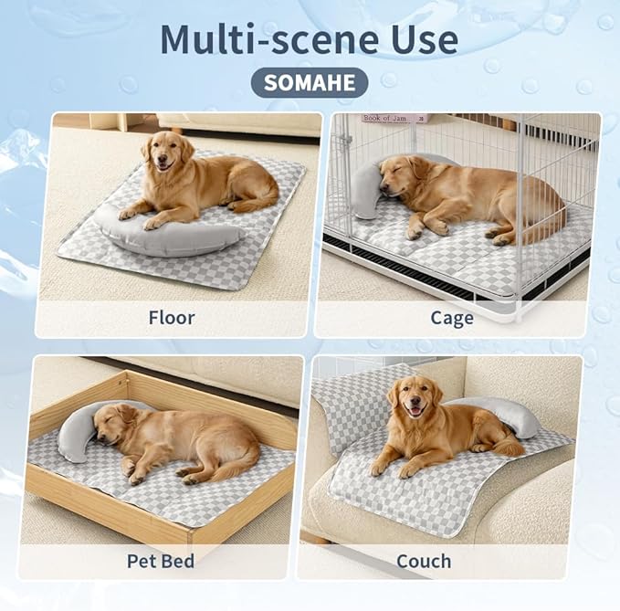 SOMAHE Pet Cooling Mats Pad for Dogs, Portable Summer Self-Cooling Mat with Removable Crescent Pillow for Large Dogs (Q-Max>0.5), Non-Toxic, All-Day Cooling, 35 x 24 Inches Grey