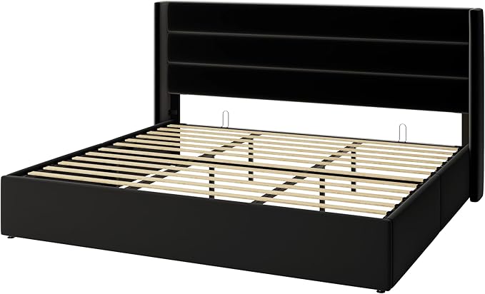 SHA CERLIN King Size Lift Up Storage Bed/Velvet Upholstered/Modern Wingback Headboard/Upholstered Platform Bed Frame/Hydraulic Storage/No Box Spring Needed/Black